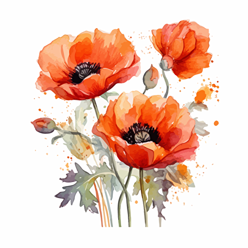 watercolor vector illustration boho line poppies sticker white background