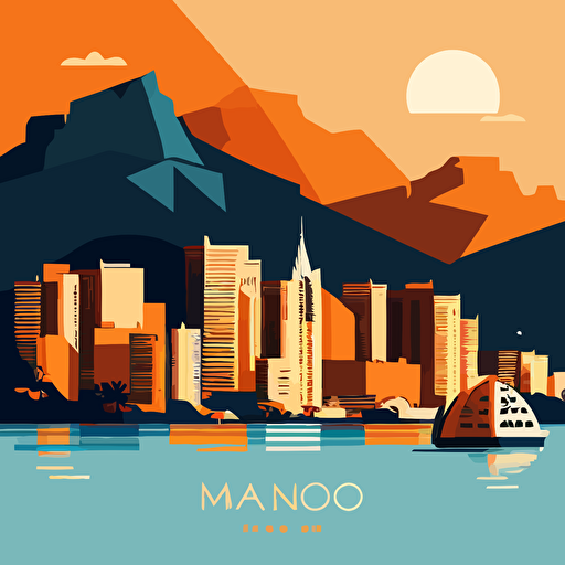 vector image of the Monaco skyline, using only orange and blue colours, simple cartoon style shading, very simple