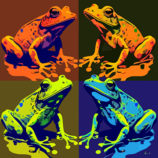 Inspired by Andy Warhol's pop art, create a vector illustration of a series of colorful prints featuring frogs in various poses and styles, referencing popular culture and consumerism. Set the scene in a contemporary art gallery.