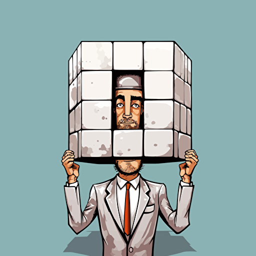 vector image with man but please put cartoon cube on his head and cover whole head.