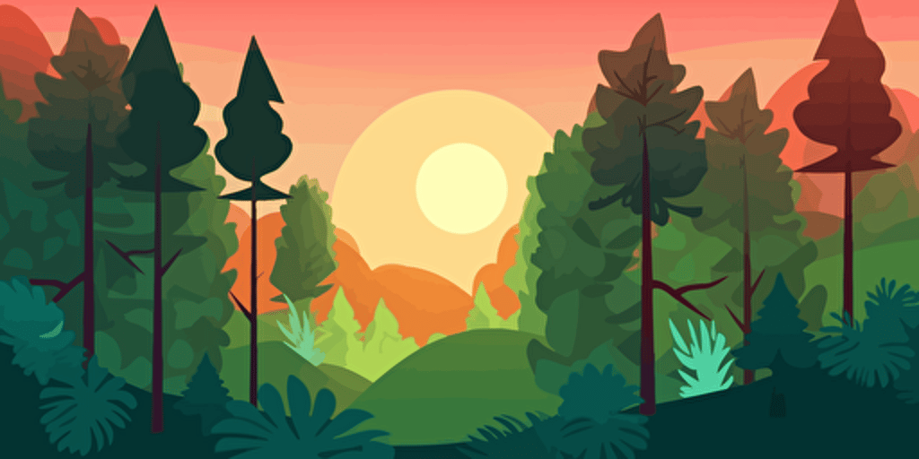 The forest and the sun at 11 a.m. 2D, vector illustration, bright colors. Drawing using AI.