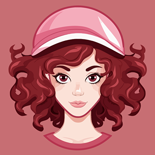 very simple vector logo of a girl with dark red very curly hair, a pink white cap, brown eyes, background pink