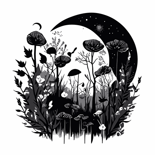 moon flowers mushrooms forest. Block print style, black ink style, white background. Abstract. Vector.