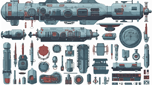 assorted ship parts that belong to a space ship, isolated, vector illustration