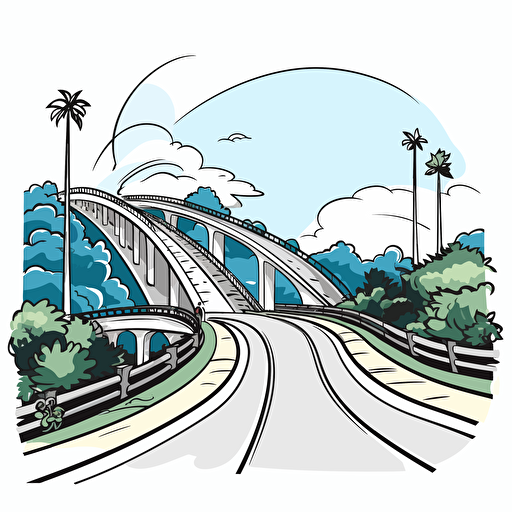 draw vector cartoon art style on white background road from right to left over bridge with few high arches without scenery, use perspective