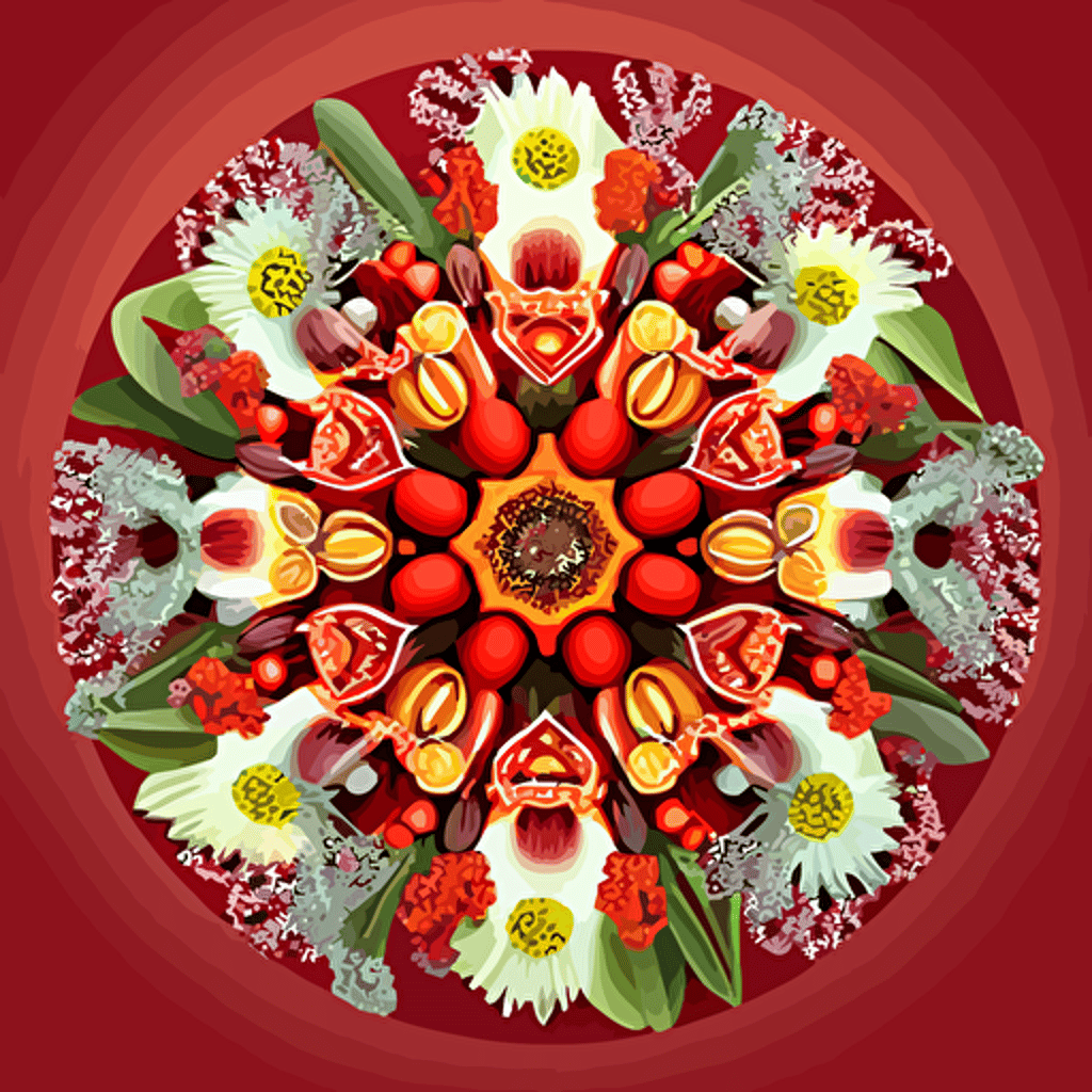 A kaleidoscope on red with australian native flowers, watercolor, vector, elaborate, ultra