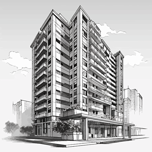 high rise building, 2d vector art, black and white