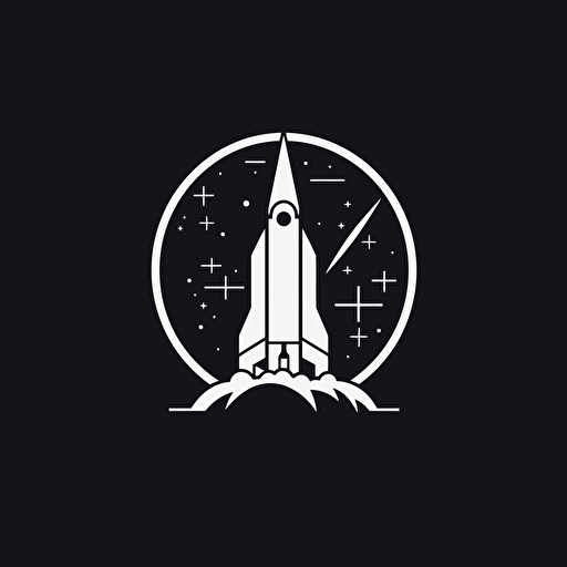 negative space iconic logo of rocket and space exploration, white vector, on black background
