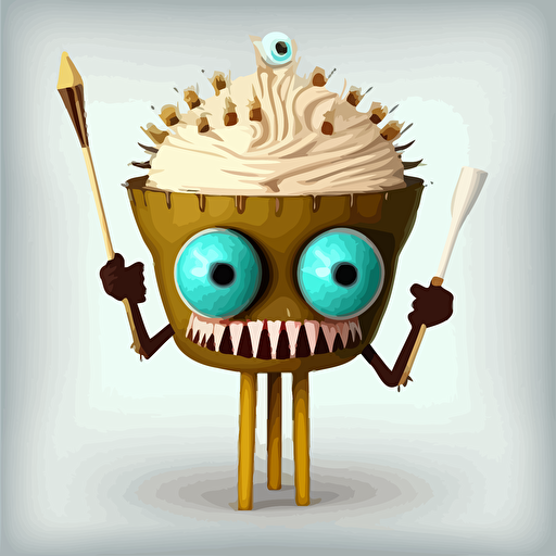 cupcake monster, with white cream as a head.with one huge eye in the it's center. Holding drums sticks on both hands, with BIG mouth with sharp teethes, wearing massiv gold neckless,vector