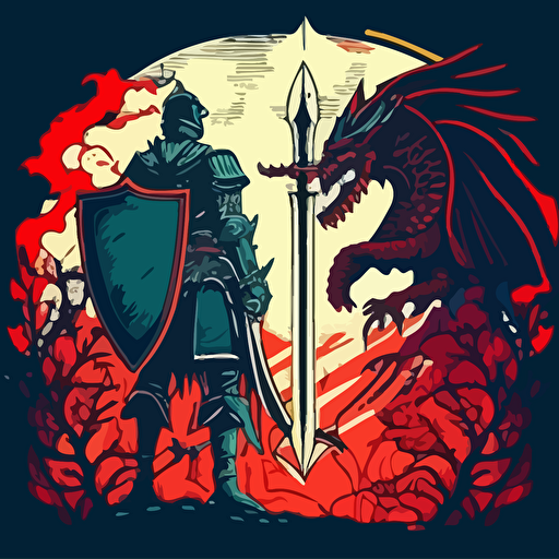 simple vector illustration of a warrior who is standing in front of a big dragon, battle scene, retro colors, logo