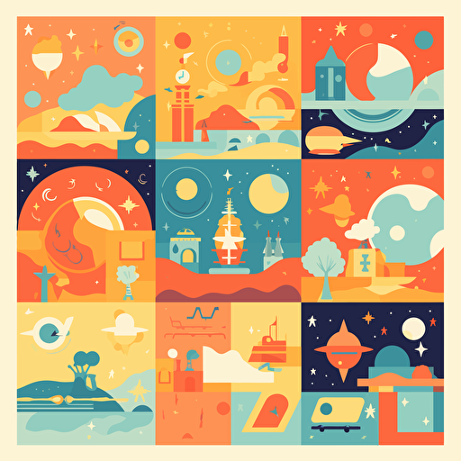 Vector illustration Educational Posters style, Toddler style Illustration, warm colors, of sky symbols