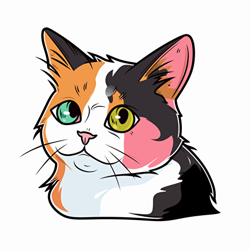 Vector art of a calico cat, illustration stickers, vivid colors, colorful, pastel cute colors, white background