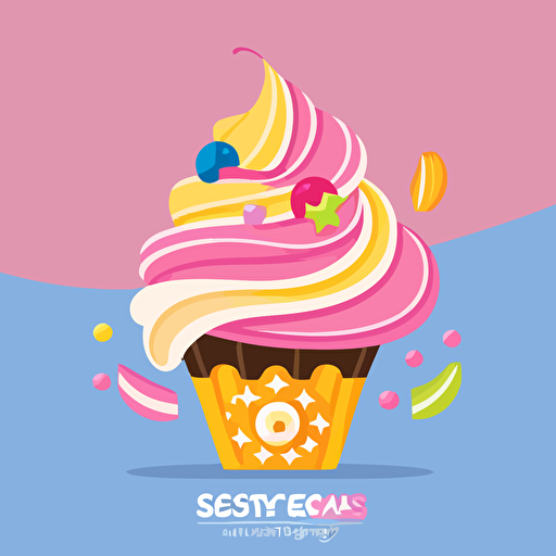 A dessert logo design named "SweetLabs", featuring a playful combination of pink, blue, and yellow colors, showcasing a whimsical cupcake with a swirl of frosting and sprinkles, incorporating stylized text for the name, evoking feelings of joy and sweetness, Illustration, digital art with a flat, vector style,
