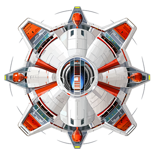 shoot em up style starship, top view, vector style, symmetric, vivid colors, rich in details, white background