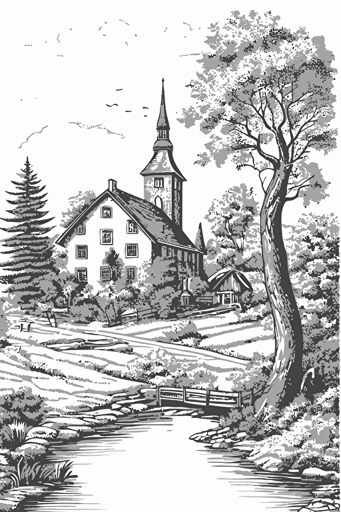 flat vector pdf image, coloring page, village in Germany::1 color, shadow, captions boxes, text::-0.6