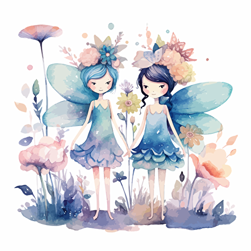 whimsical watercolor fairies and flowers in pastel hues, enchated, cute, for kids, Vector