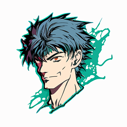 Headshot style using abyss anime style, Sticker, Happy, Tertiary Color, mural art style, Contour, Vector, White Background, Detailed