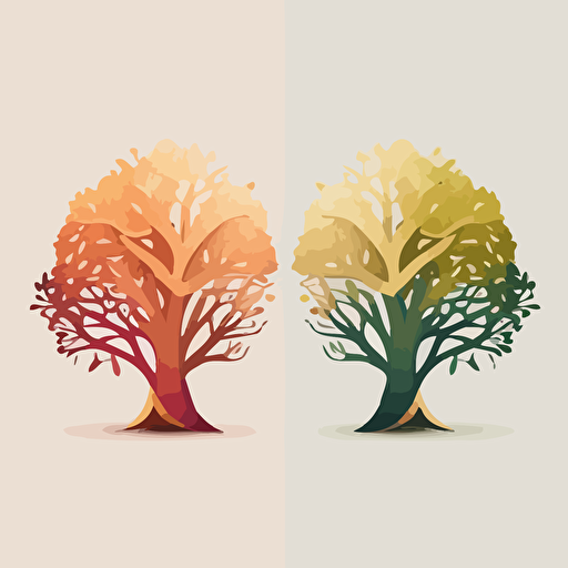 3 color symbol logo of two oak trees side to side, it has to be geometrical, simple, elegant, warm colors, vector.