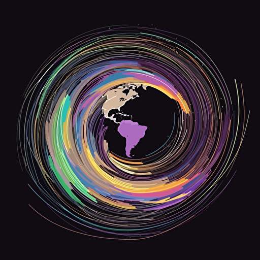 earth on black background, 2d vector, spiral light trails, purple, yellow, white, orange, green and pastel colors