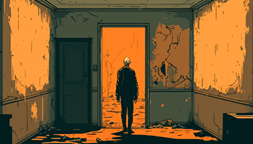 illustration of a man standing in a decrepit old orange room, vector, 2d animation