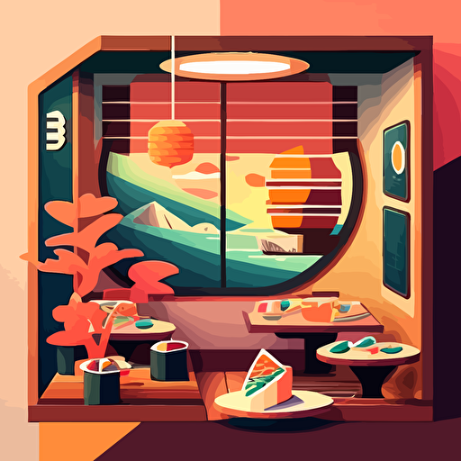a cartoon vector illustrator of modern Japanese styled restaurant with bright colors, Roblox style