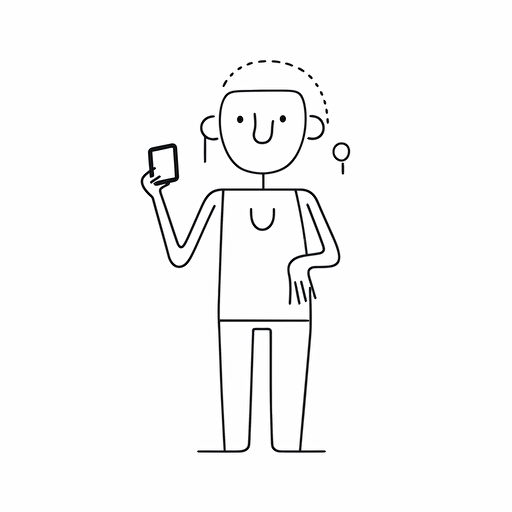 Person with a smartphone, white background, line drawing illustration, vector, simple, minimalist, whimsical and lively, cartoon mis-en-scene