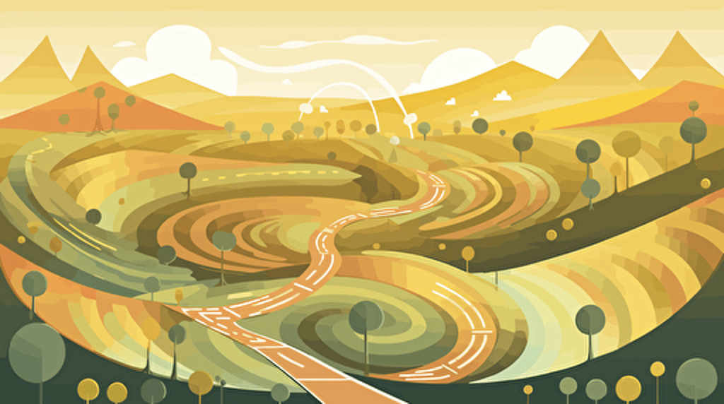 vector illustration of metaphor "many paths to a goal" as landscape.