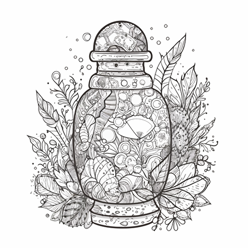 vector image for a coloring page of a whimsical magical bottle or jar with crystals in it with a clear bare background isolated on a white background