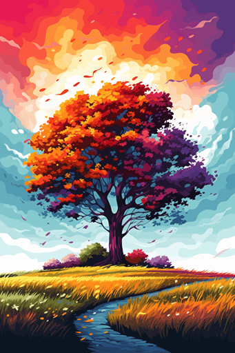 Beautiful landscape with a single large tree in the centre, Vivid rainbow colours. Vector styled