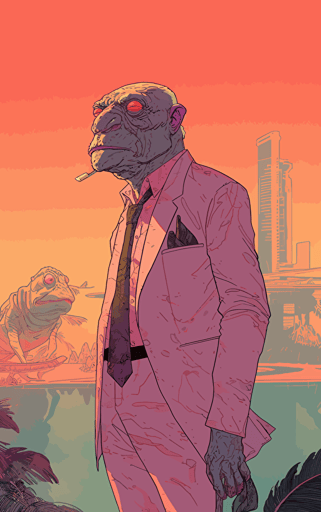 flat vector book cover design by moebius showing painted wallpaper hawaii background to a pink anthropomorphic gecko salesman wearing a battered worn suit