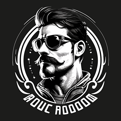 motorcycle club logo, mustache hipster wearing motorcycle glasses, simple vector, black and white