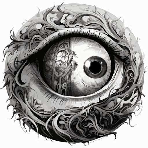 giant eyeball made of swirls by glen keane, black and white, 2d vector art