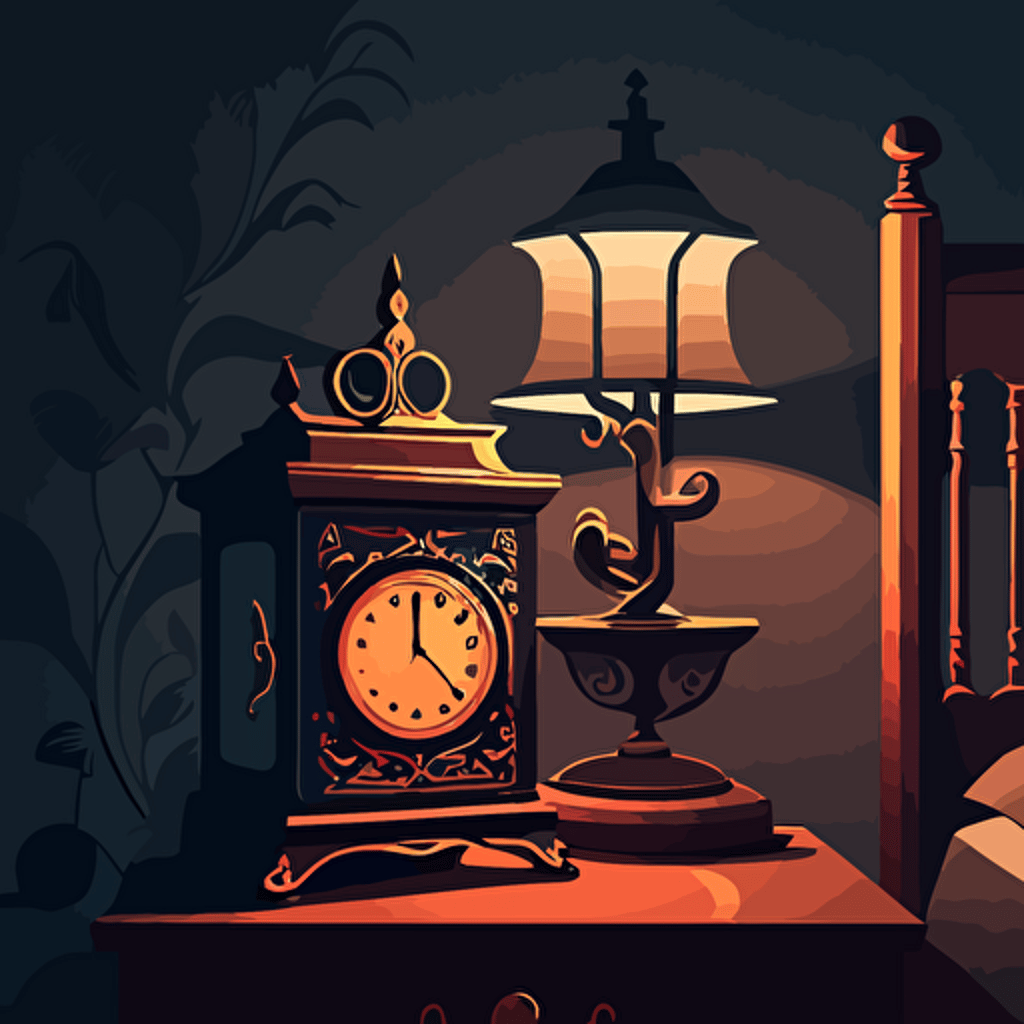 illustrated scene of a nightstand with an alarm clock and a lamp. Vector. Moody. Detailed. Contrasting shadows