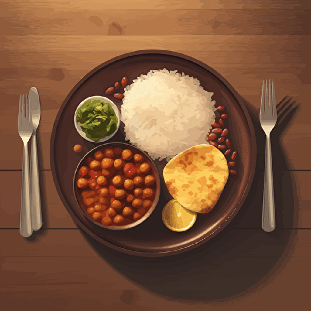 minimalist vector illustration of indian food plate . Top perspectivr closeup on a wooden table. Strong light and shadow. Style of Malika Favre and Owen Davey