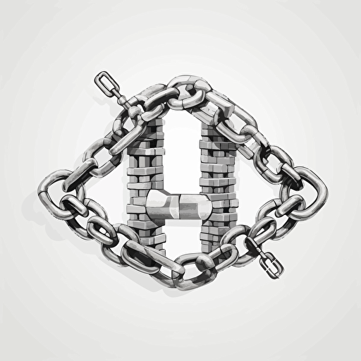 two large chains crossing creating an X formation, a padlock hangs from where the two chains intersect, simple, vector illustration