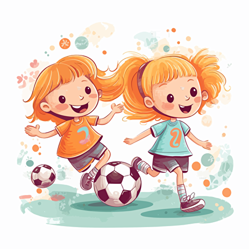 Vector illustration, of two beautiful happy 6 years old girls playing soccer with white background