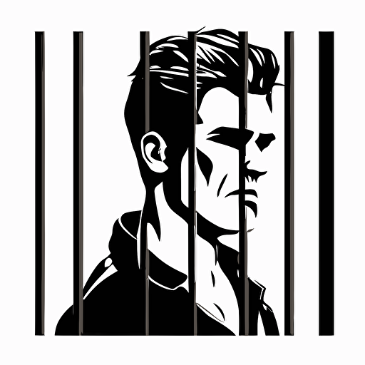 vector illustration of a prisoner becomming free, vector, black and white color, on a solid white background, 2D, flat image