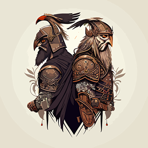 illustrate, vector, odin full viking armor, two ravens on shoulder, simple background