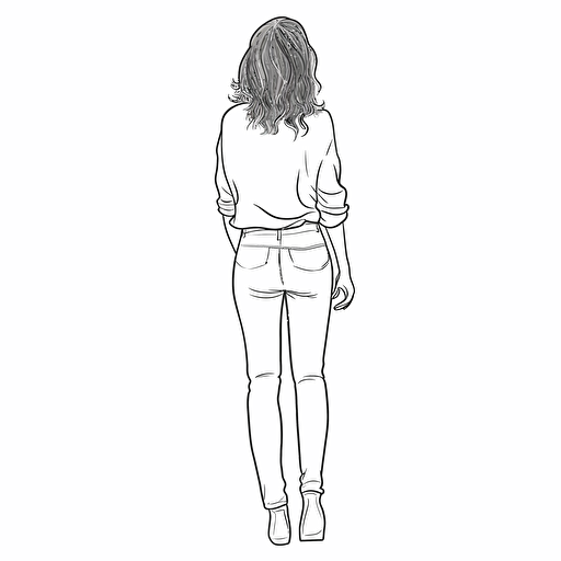 Black and white. back view of a young Girl wearing trousers standing and looking. Simple Vector Art. White background