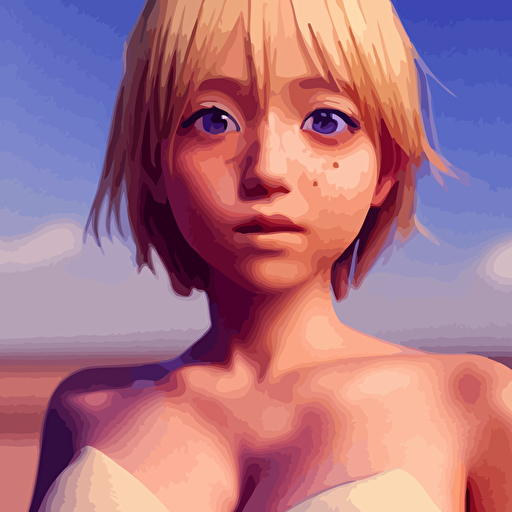 render beautiful 3d anime girl short blonde hair hazel eyes cute freckles round face short smile cute sundress golden hour serene beach setting medium shot mid shot highly detailed trending artstation unreal engine 4k