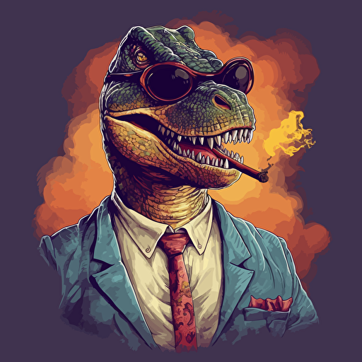 t-rex wearing a business suite and sunglasses, smoking a big cigar, vector art, 2d