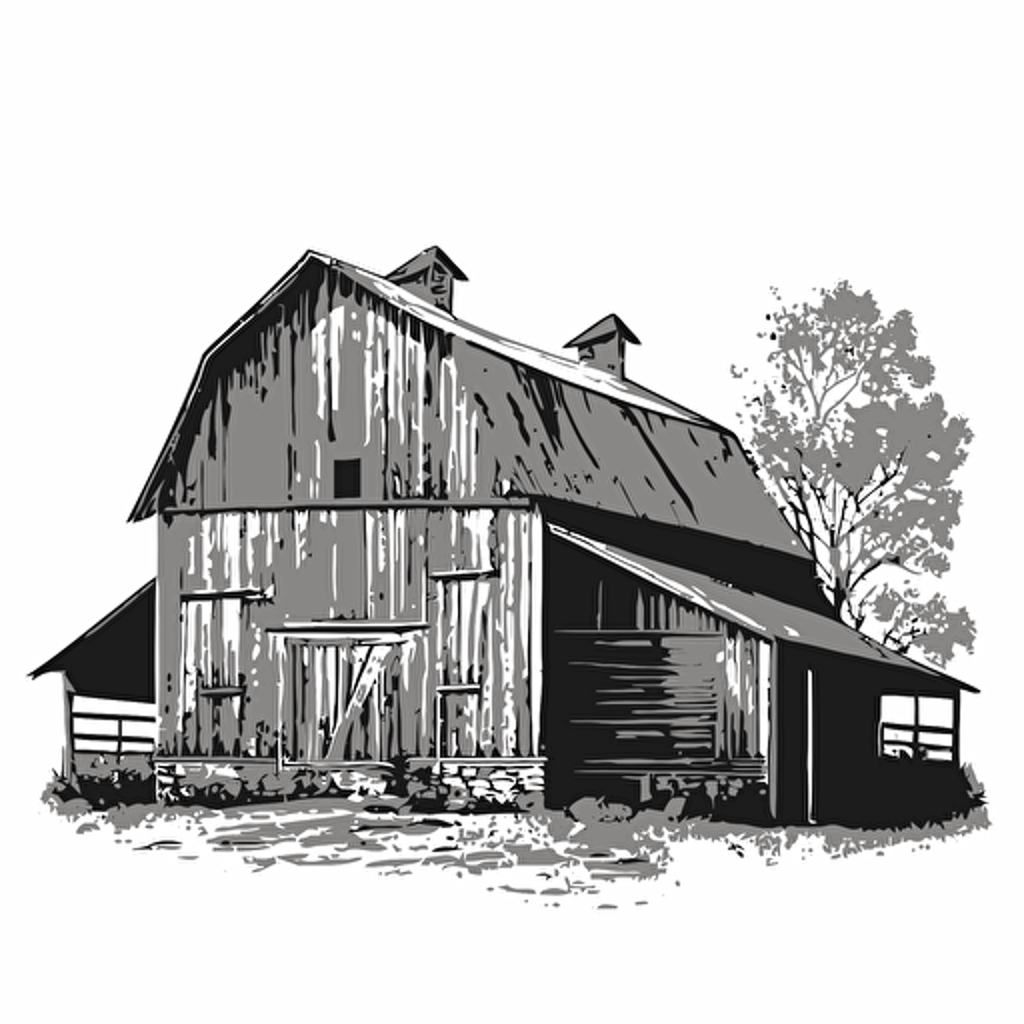 rustic barn in style of charles williams, black and white, flat, vector, line drawling, white background ar 1:1