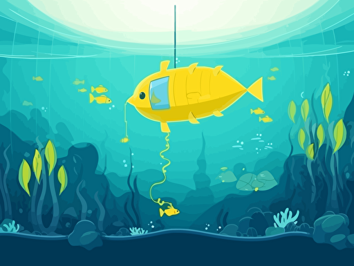 2d vector illustration, yellow submarine under water, attach by a string like a kite by an astronaut stading on the sea bed