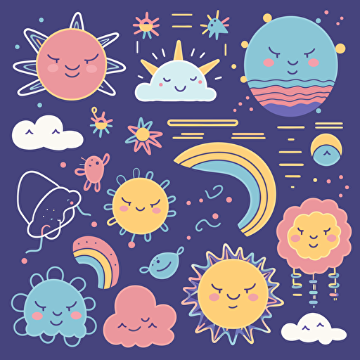 suns, moons, stars, rainbows, clouds, Simple vector drawing of a rainbow, clipart, basic shapes, solid colors, doodle, sticker design, lineart, 2d flat file, silhouette, svg cut file