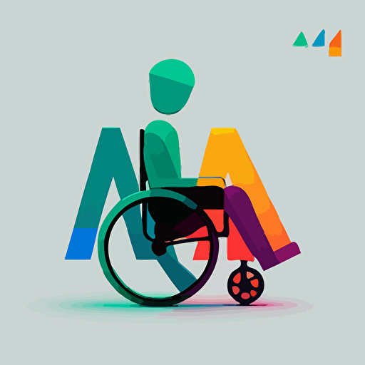 a minimalistic vector logo of a abstract silhouette of a wheelchair user and letter “A”, simple shapes, blocky, modern, artistic, 3 colours