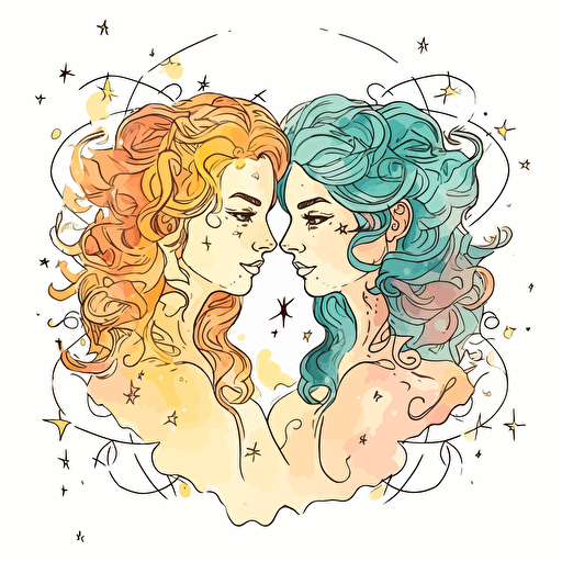 vector line drawing of gemini twins, with multicolor, watercolor background.