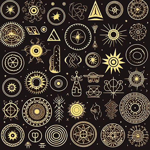 gold color spirtual symbols of protection, 2d minimalist, pattern print, vector art,