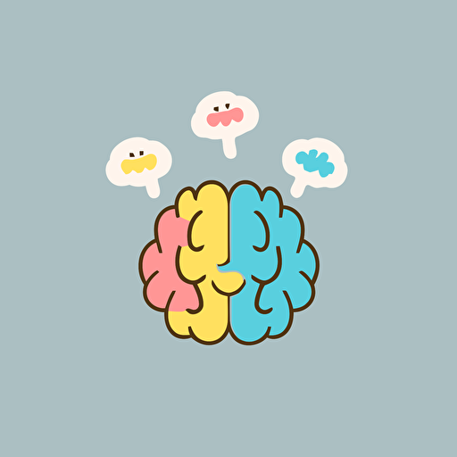 a simple vector image of brain with a smiley face, minimalist, 5 pastelle colors, friendly, kind
