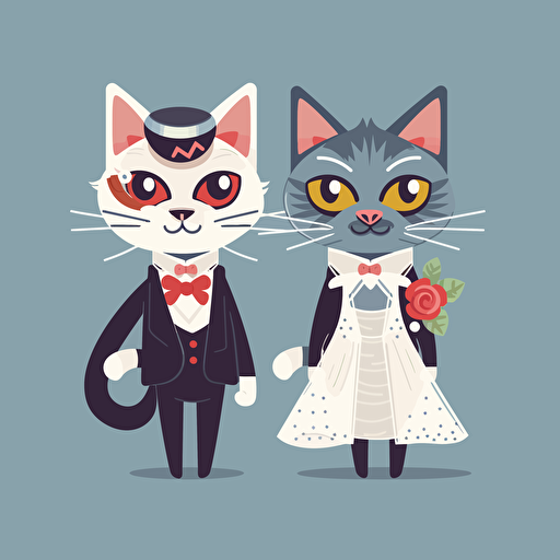Vector art of a cat dressed as a bride and a cat dressed as a groom, in the style of Britta Teckentrup illustrations