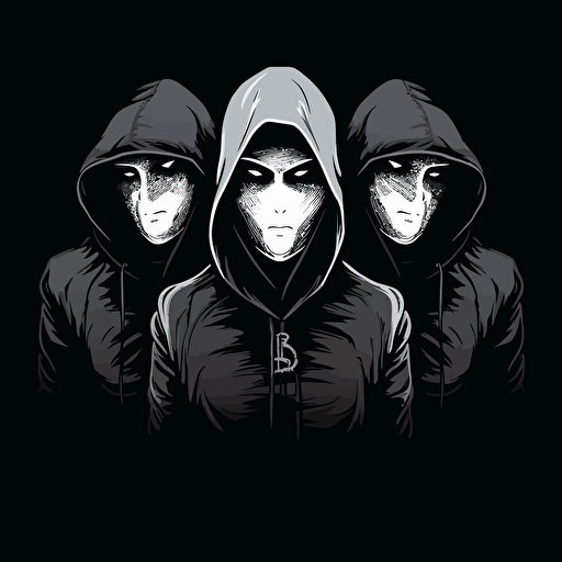 logo, 3 hoodies , face in the dark, from mid chest, vector style, flat 2d, black and white